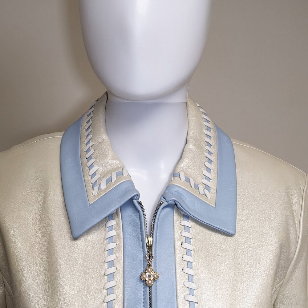 ST. JOHN Ivory 100% Leather Jacket w/ Baby Blue & White Braided  Trim - Picture 6 of 10